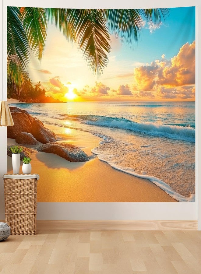 AOHMPT Ocean Tapestry, Beach Evening Sunset Tapestry, Natural Beach Palm Tree Landscape Tapestries Poster, Seaside Landscape Wall Hanging for Bedroom, Dorm Room and Living Room Wall Decor 79" L x 59" W - Image 1